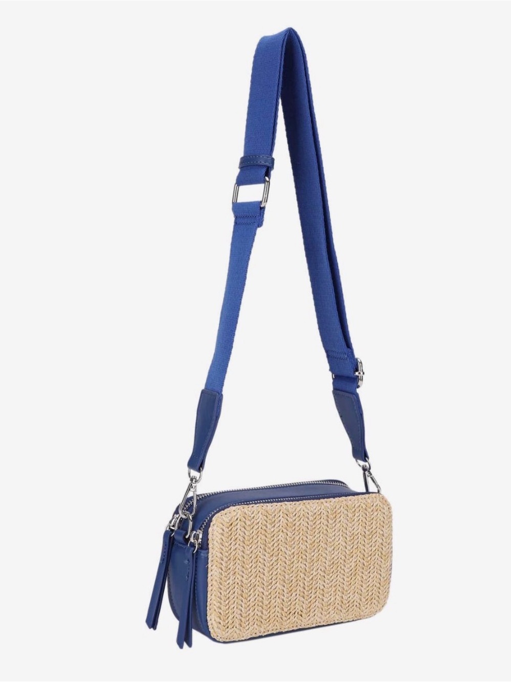 Blue Straw-Front Crossbody Bag
